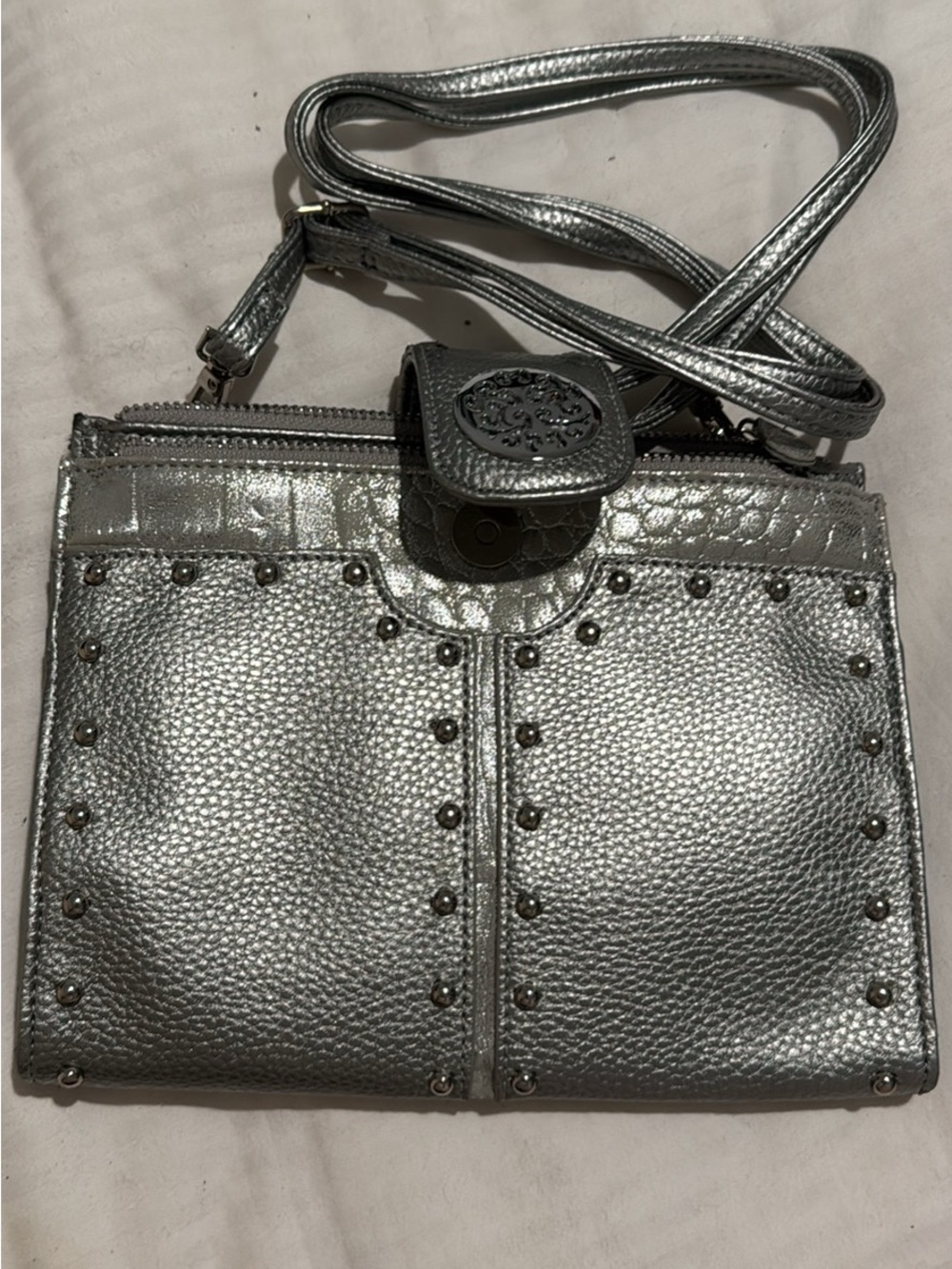 Metallic Silver Crossbody Shoulder Bag with Stud Accents